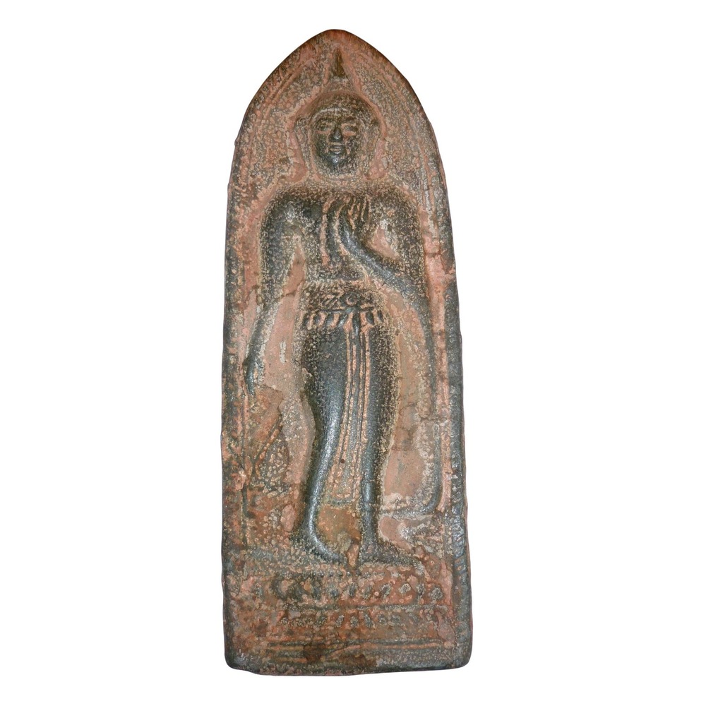 Vintage Thai Walking Buddha Cast Metal Votive Plaque Phra Leela Sukhothai Style‎